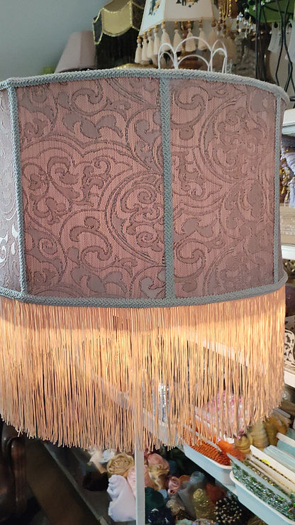 Beige fabric lampshade with fringe and vintage pattern for an original floor lamp. Handmade. № 6902