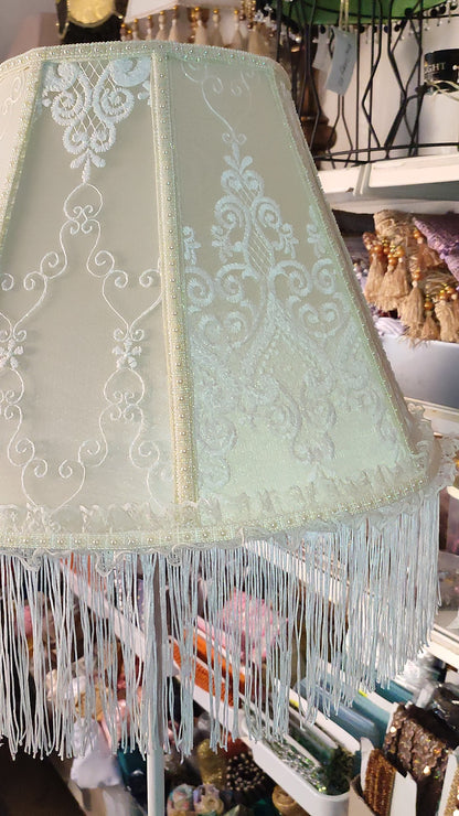 Cream Victorian lampshade with pattern and long fringe for antique or classic interiors. № 1106