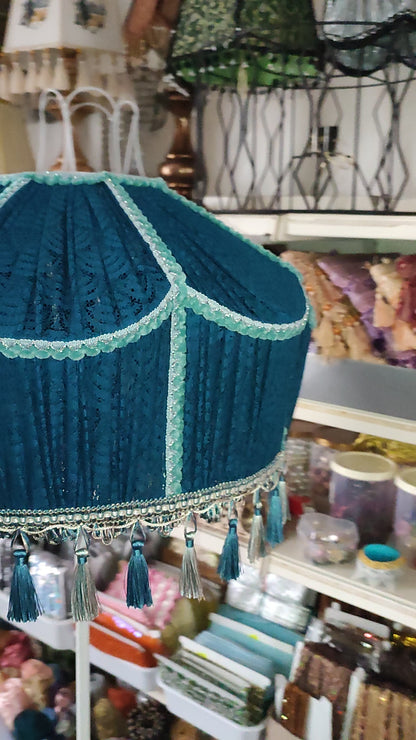 Lampshade. Handmade Blue Tassel Lampshade with Fringe Trim, Large Lamp Shade. № 1704