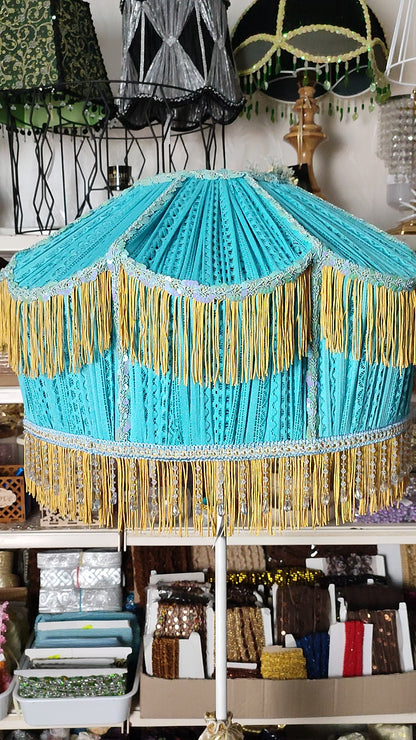 Handcrafted floor lamp with a turquoise shade featuring fringe and beads. № 1701
