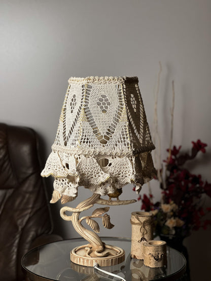 Victorian crochet table lamp with artistic wrought iron base