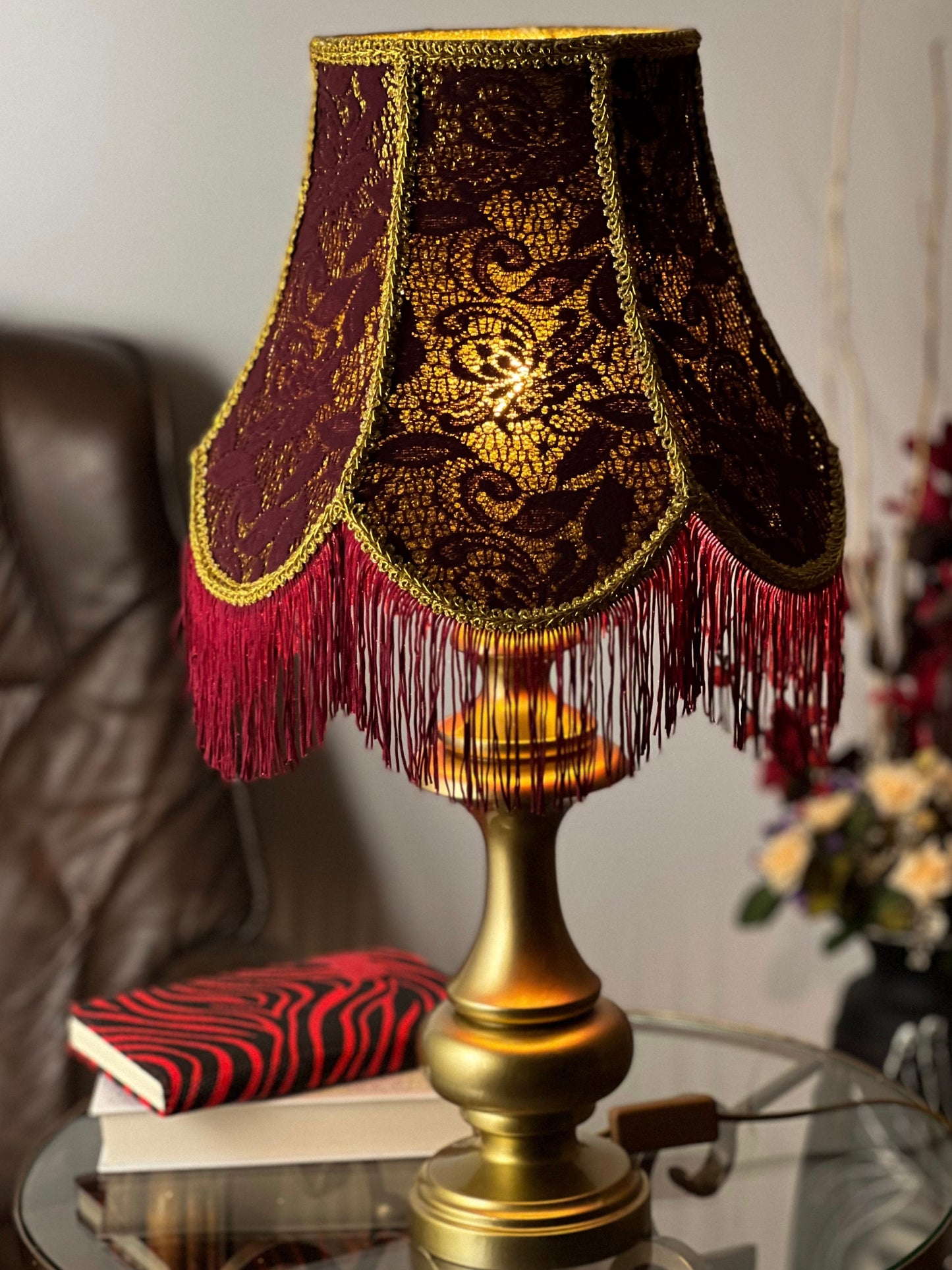 Victorian lampshade in burgundy color with fringe