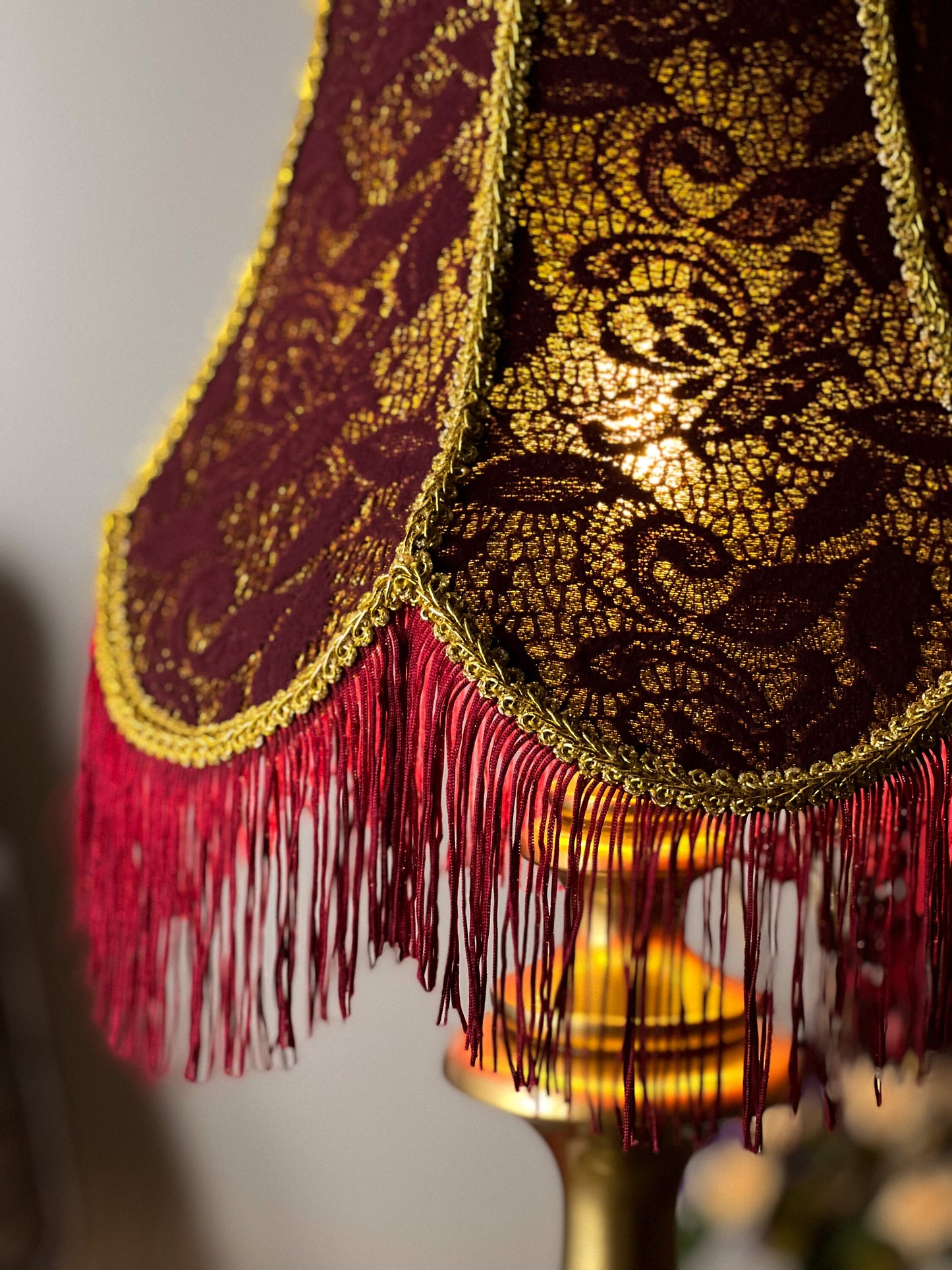 Victorian lampshade in burgundy color with fringe