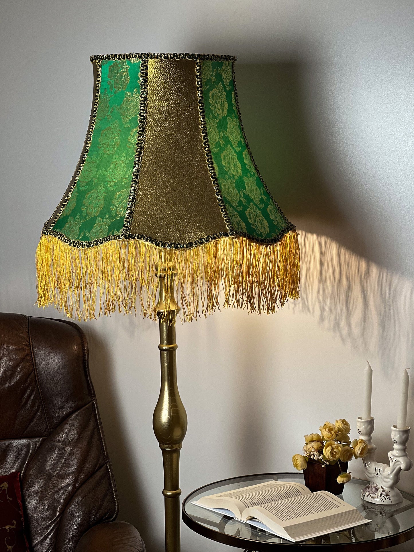 Lampshade, designer fabric, green lampshade with fringe. PRODUCT TO ORDER. 4703