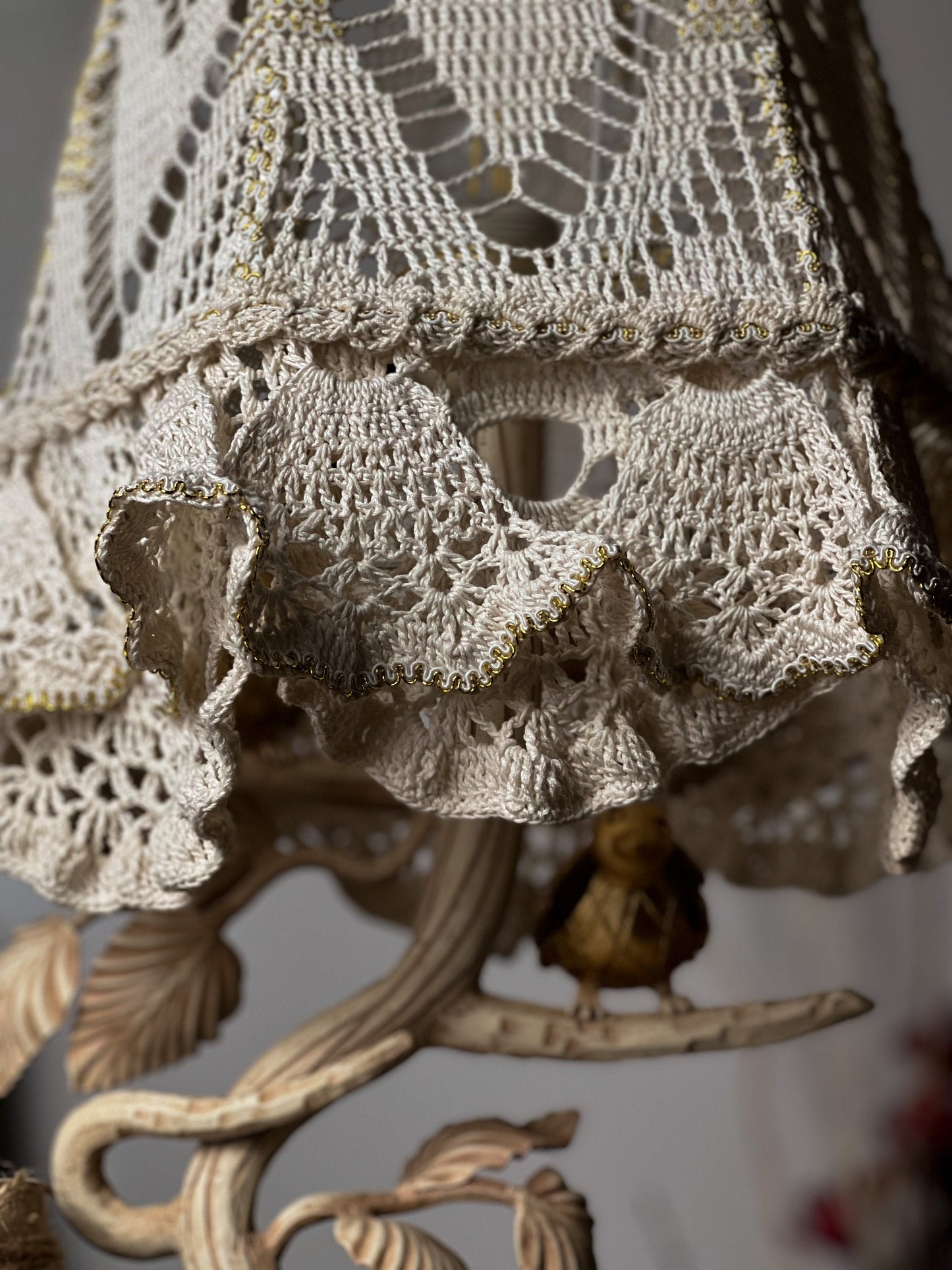 Victorian crochet table lamp with artistic wrought iron base
