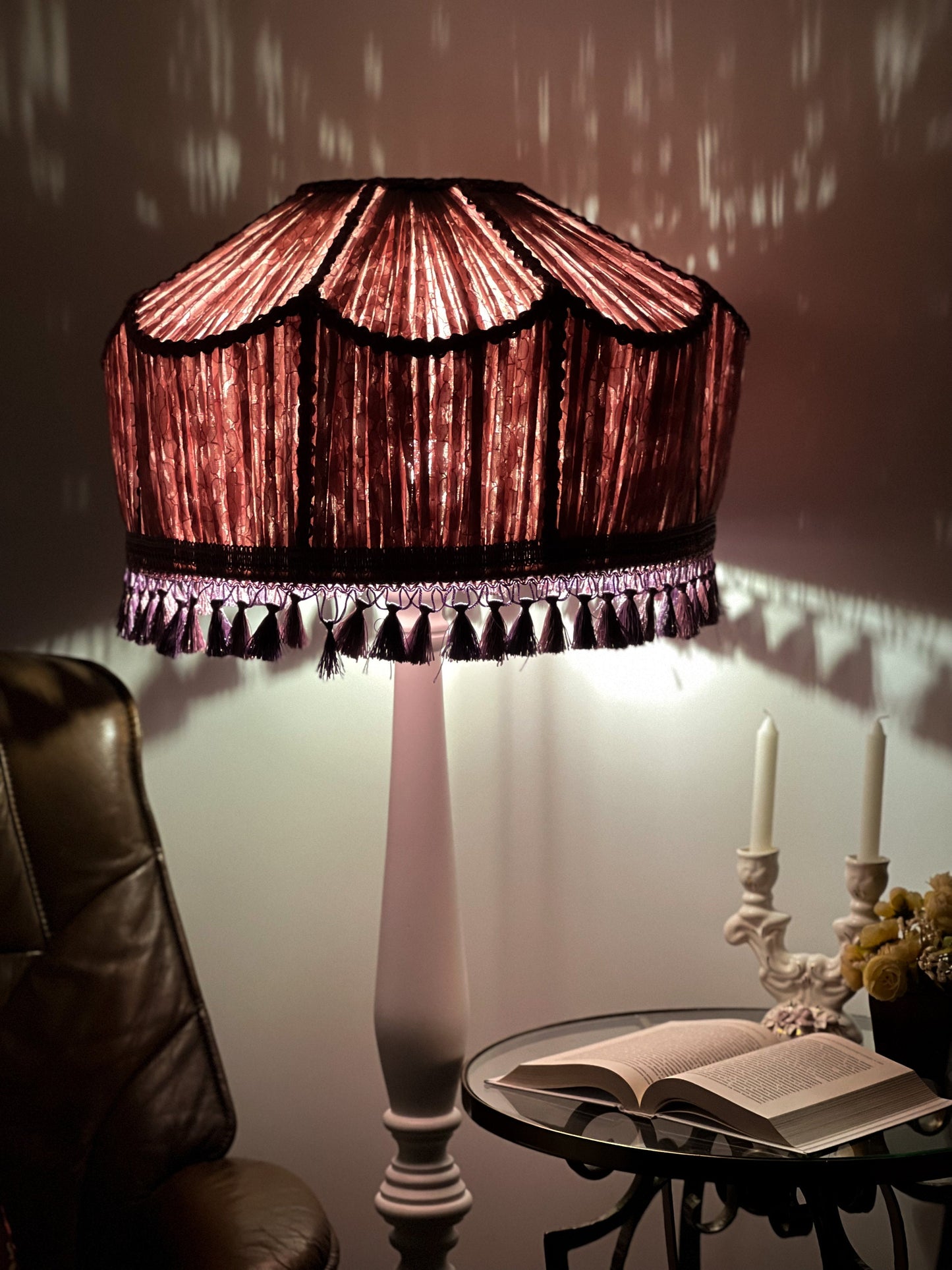 Lampshade. Large lilac lampshade with handmade fringe. 1703