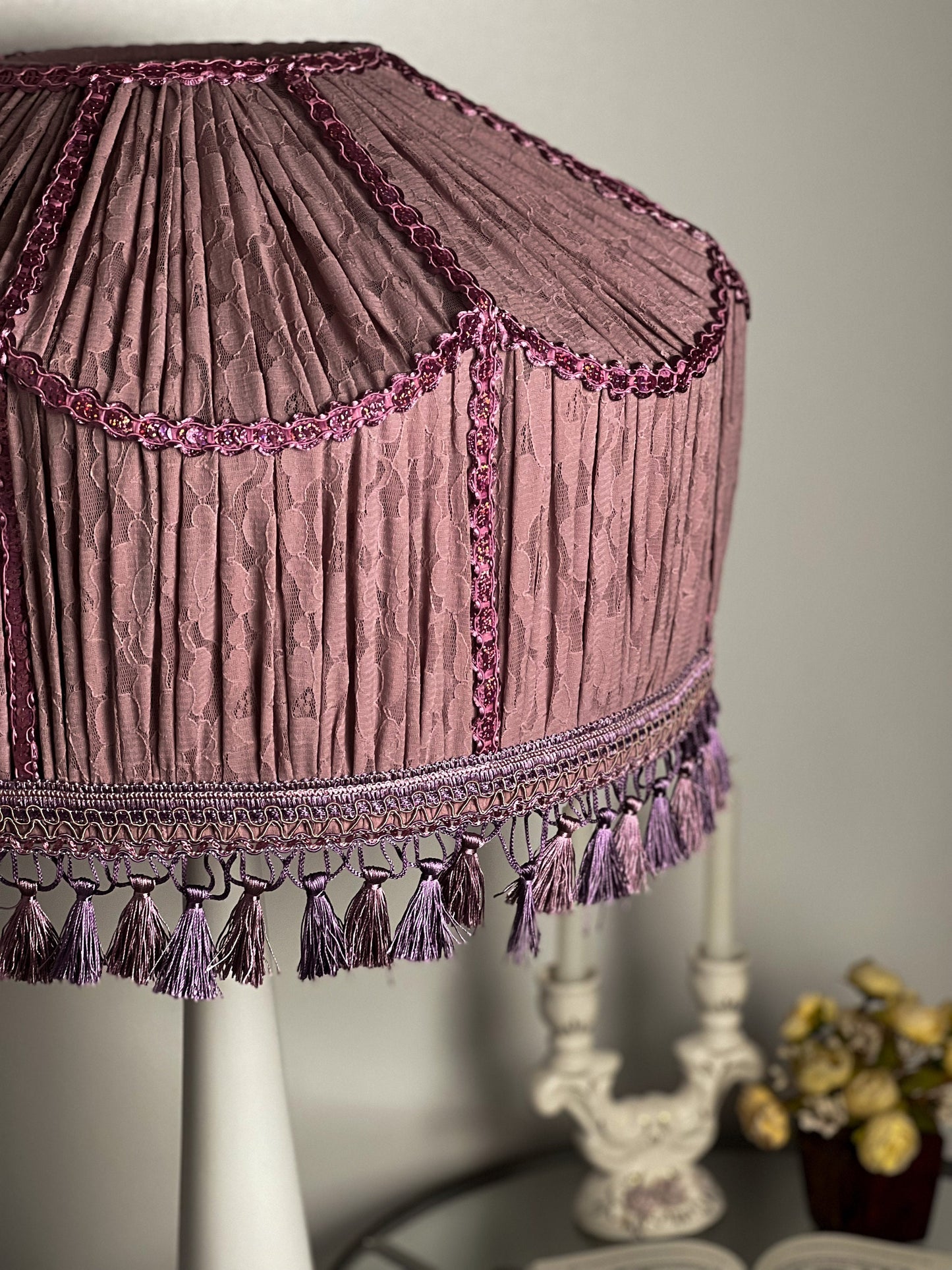 Lampshade. Large lilac lampshade with handmade fringe. 1703