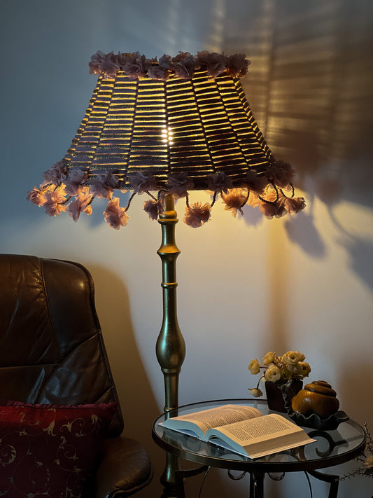 A large pink lampshade with fabric flowers. № 0902