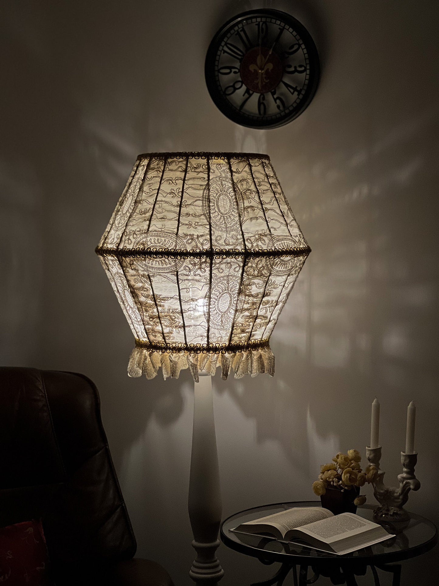 French Fairy Lampshade - Guipure and Tulle with Decorative Gold Ribbon. 0101
