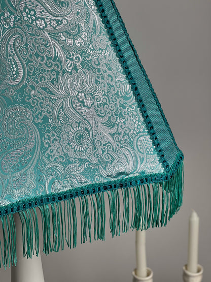 Fabric lampshade in turquoise color with sequins and fringe. Art deco styles. 3402
