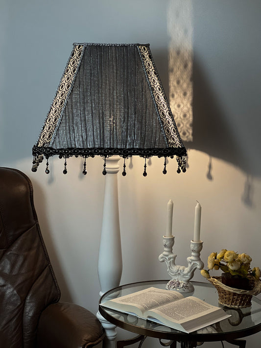 Silver fabric lampshade for a unique floor lamp, for an original interior. № 3401