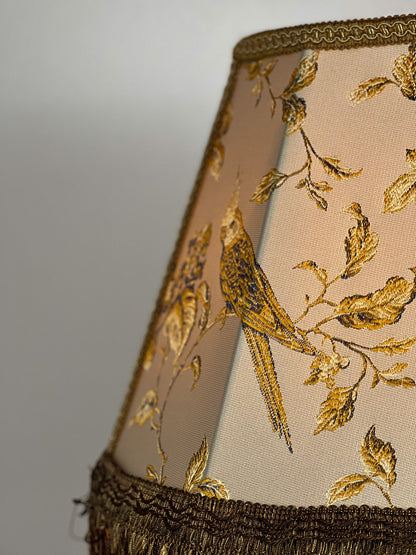 Lampshade. Victorian coffee-colored fabric lampshade with birds.