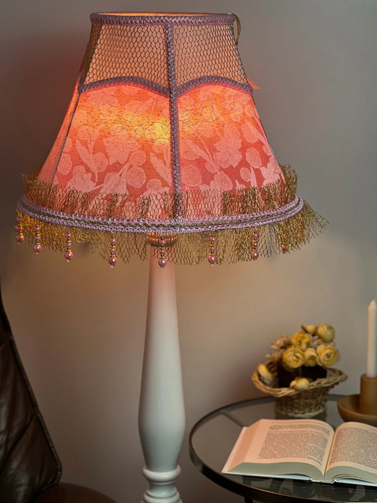 Handmade Pink Floral Lampshade with Fringe, Beads, and Patterned Fabric. 3607