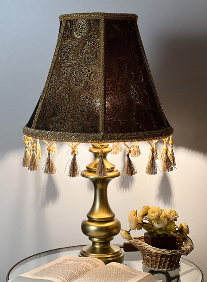 Relief lampshade of golden brown color in Victorian style with fringe. PRODUCT TO ORDER. 0205