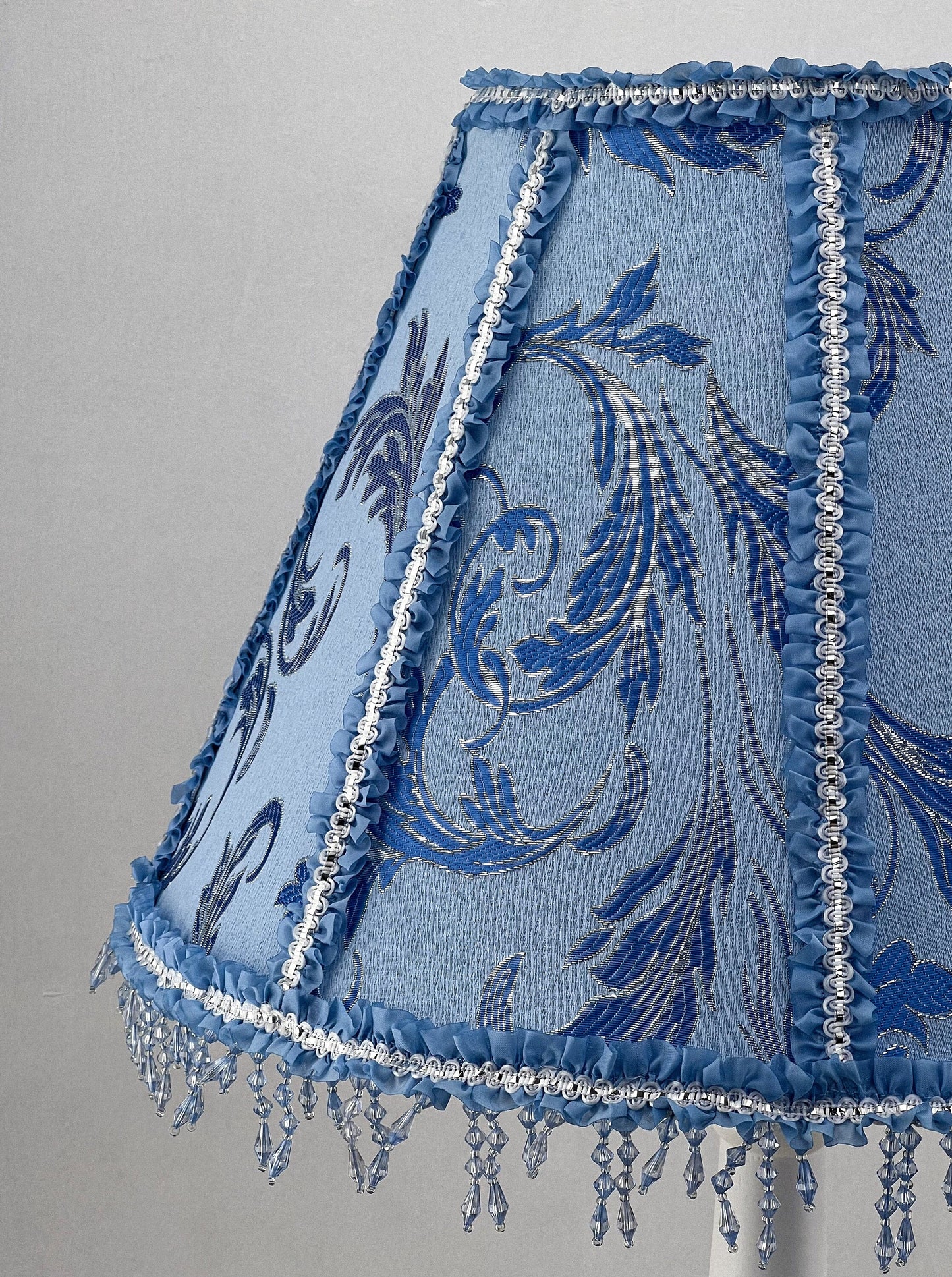 Blue fabric lampshade with beaded fringe. A unique lampshade in Victorian style. 3812