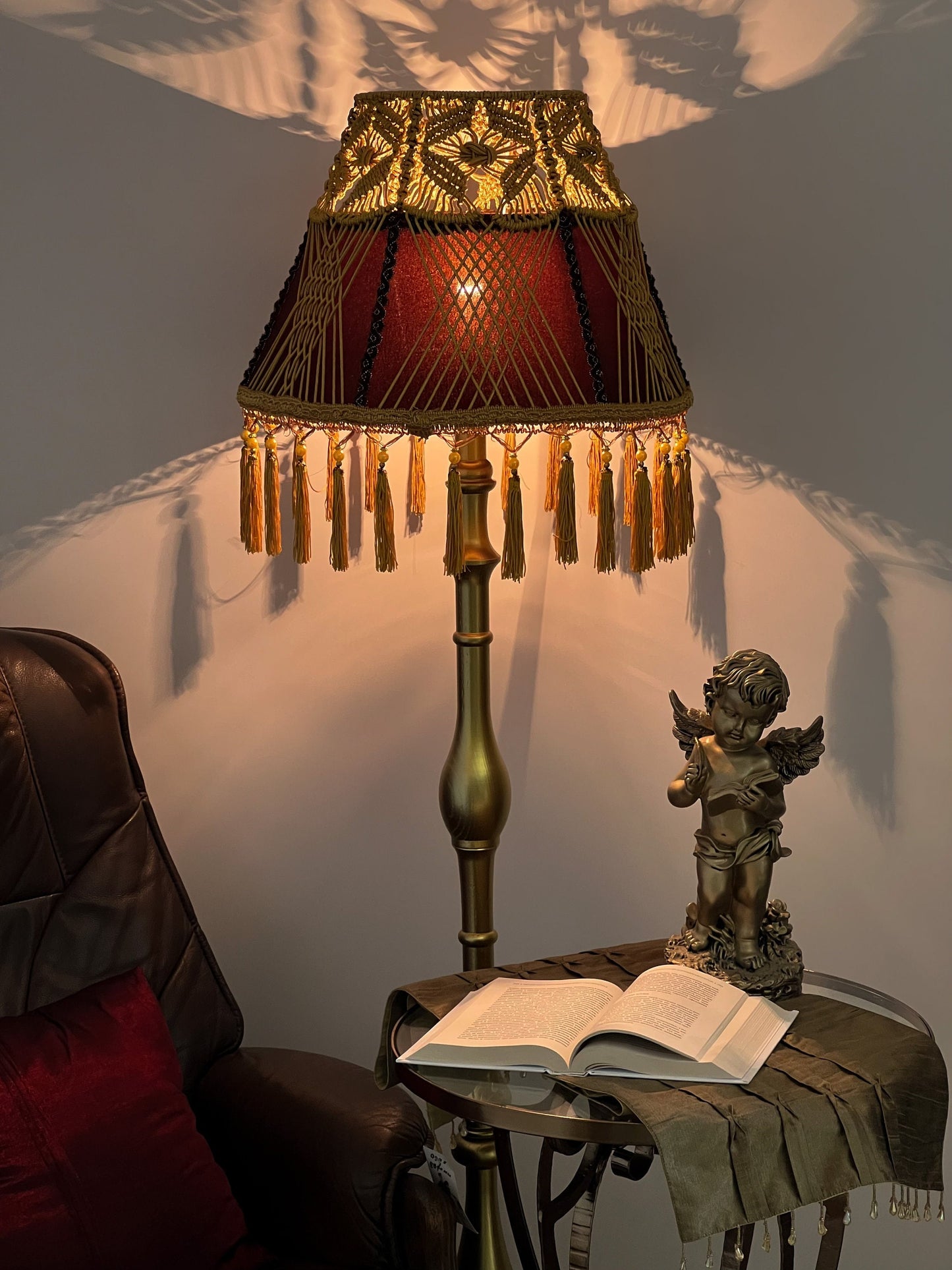 Lampshade. Brown Fringed Lampshade with Victorian and Retro Touche
