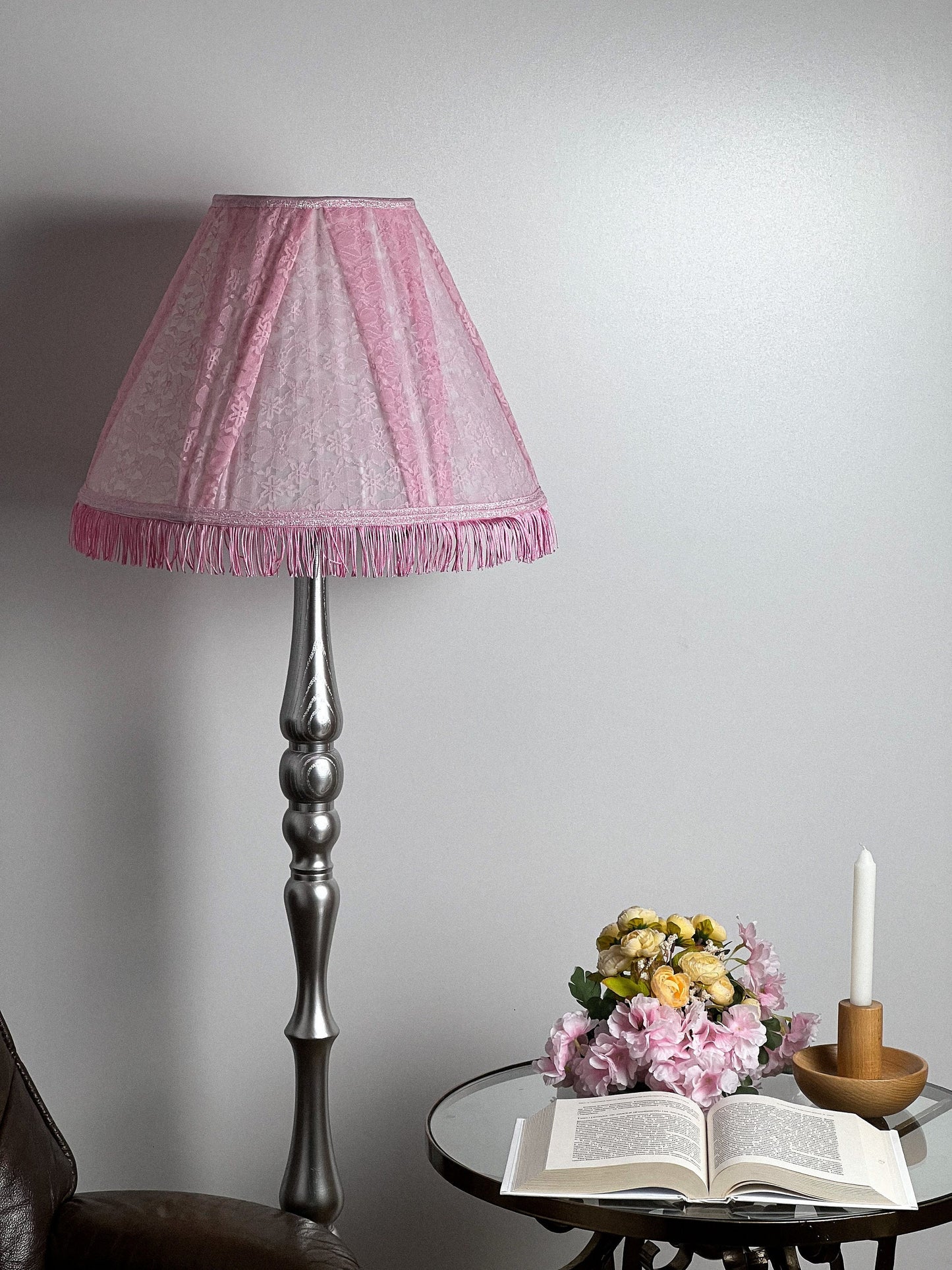 Pink Fringed Lampshade, Vintage Romantic Lighting for Night Light or Bedside Lamp. 6201