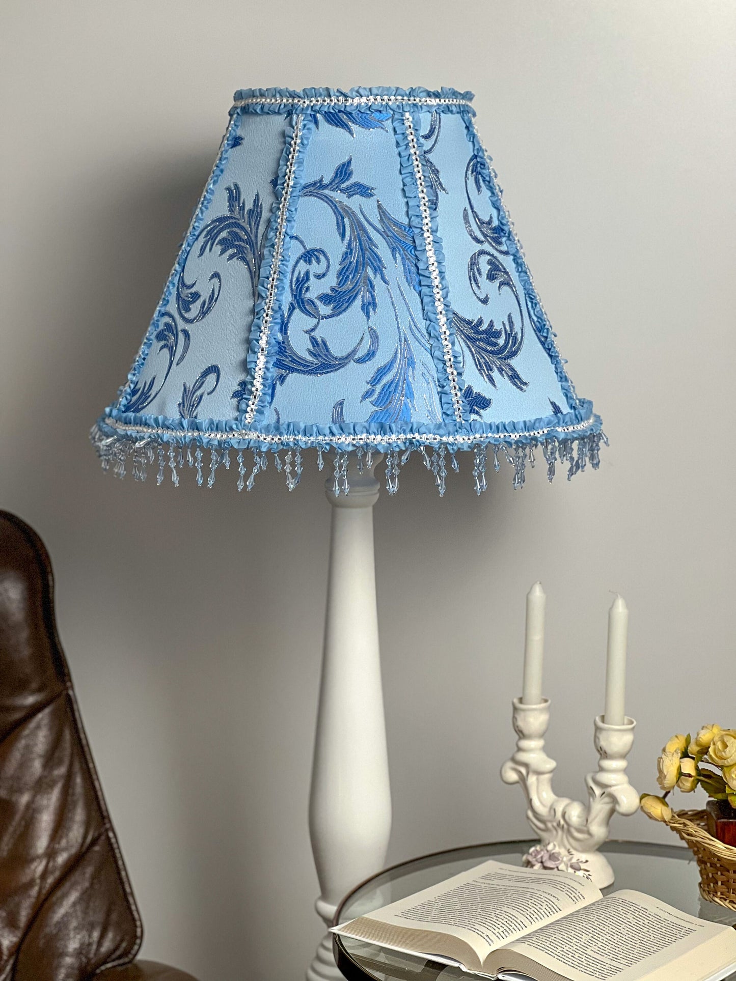 Blue fabric lampshade with beaded fringe. A unique lampshade in Victorian style. 3812