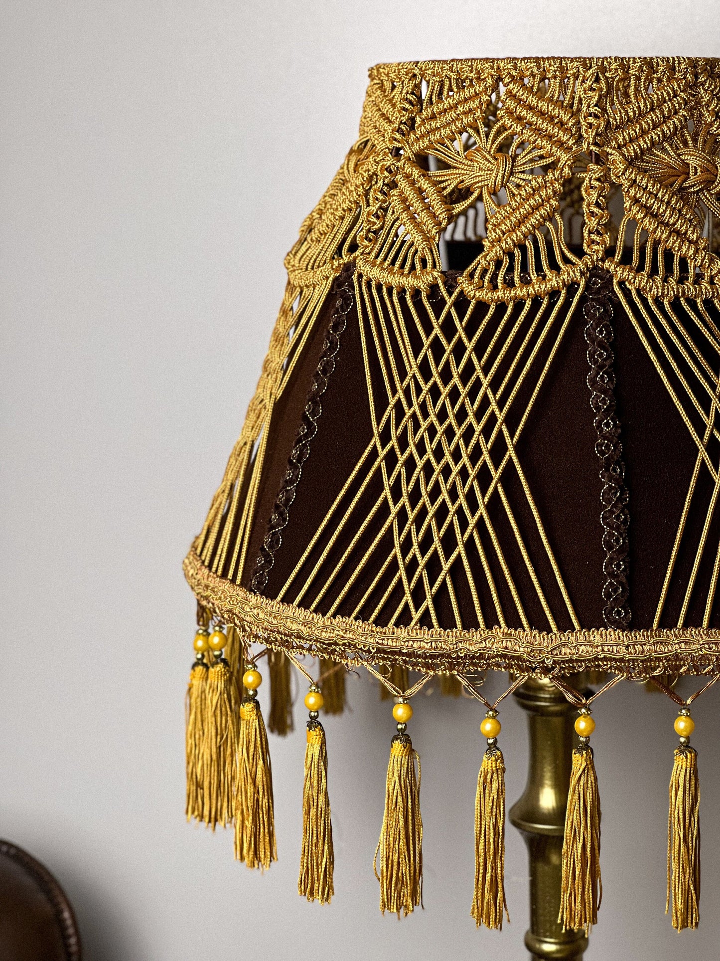 Lampshade. Brown Fringed Lampshade with Victorian and Retro Touche