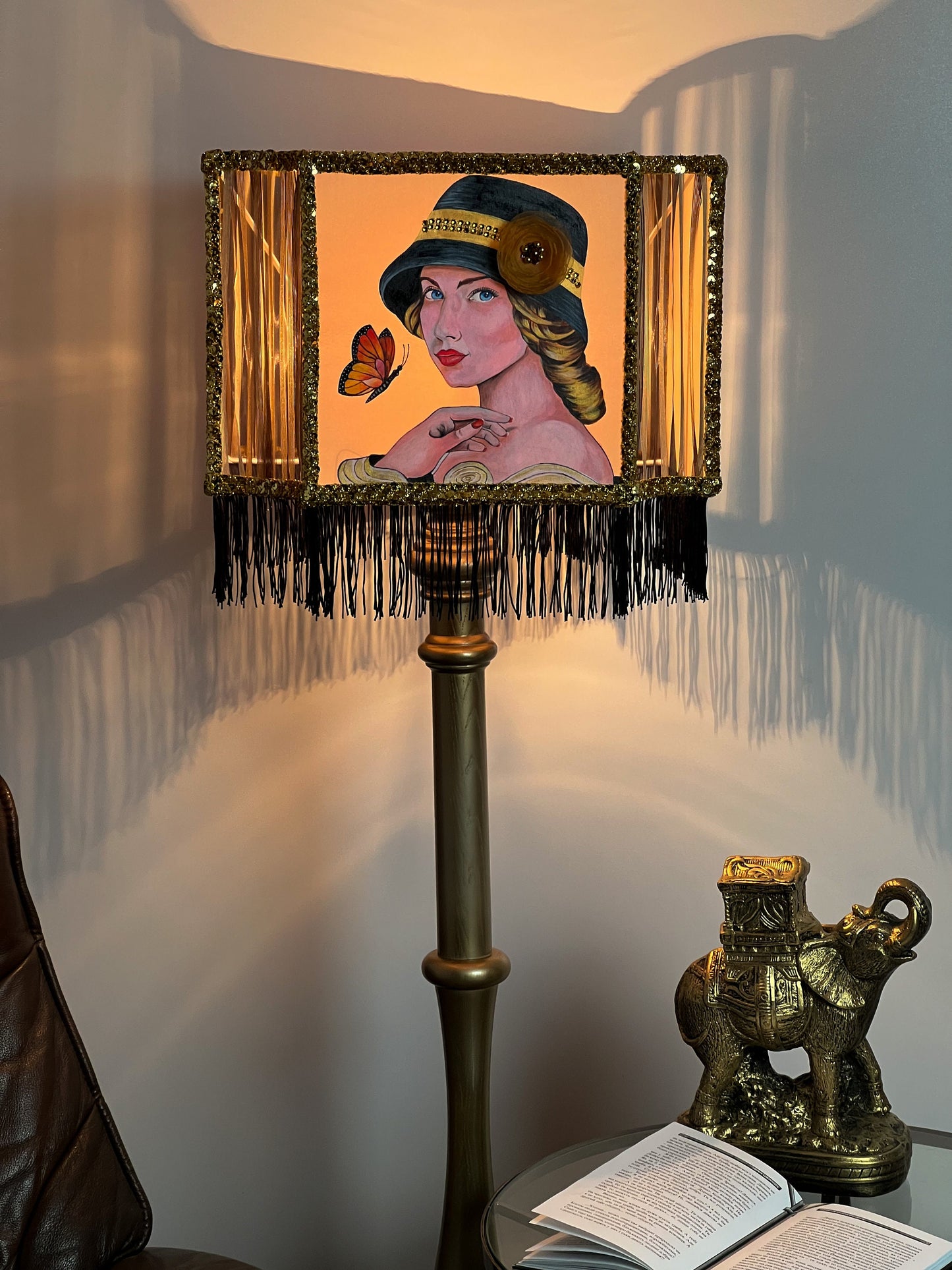 Lampshade, Art Deco style - handmade fringed lampshade, girl in a hat, artistic product. 2806