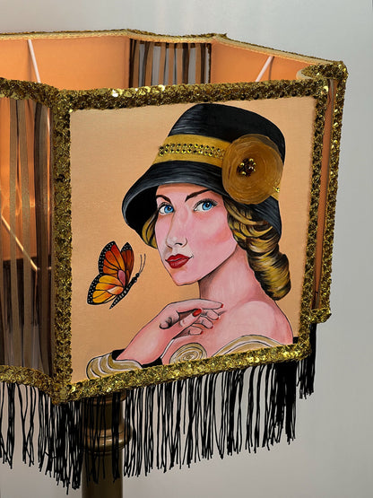 Lampshade, Art Deco style - handmade fringed lampshade, girl in a hat, artistic product. 2806
