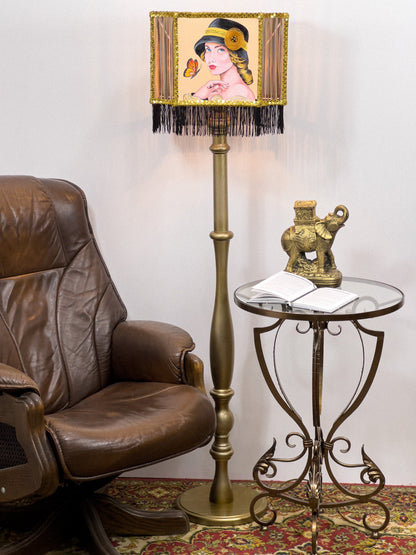 Lampshade, Art Deco style - handmade fringed lampshade, girl in a hat, artistic product. 2806