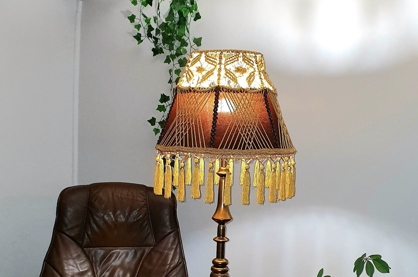 Lampshade. Brown Fringed Lampshade with Victorian and Retro Touche