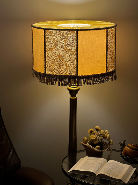 Art Deco Fringed Drum Lampshade with Victorian Pattern - Designer Accent Lamp. 6901