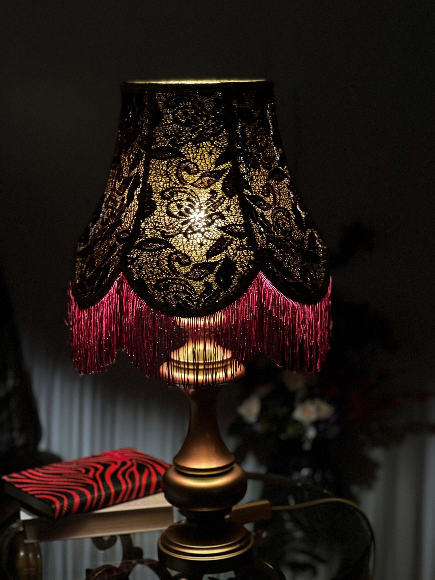 Victorian lampshade in burgundy color with fringe