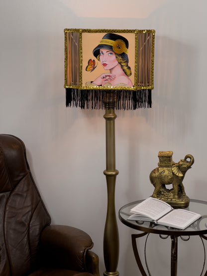 Lampshade, Art Deco style - handmade fringed lampshade, girl in a hat, artistic product. 2806
