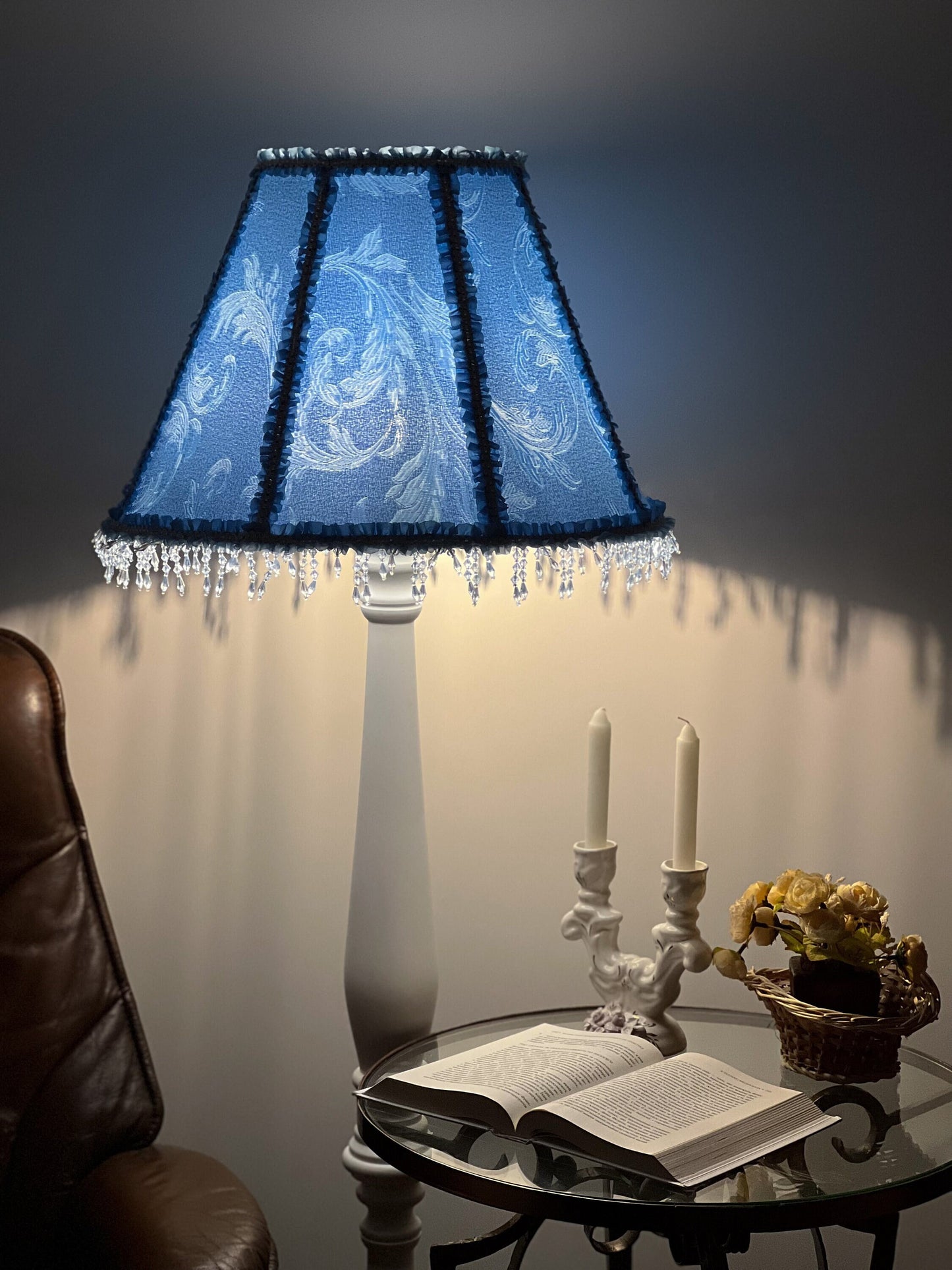 Blue fabric lampshade with beaded fringe. A unique lampshade in Victorian style. 3812