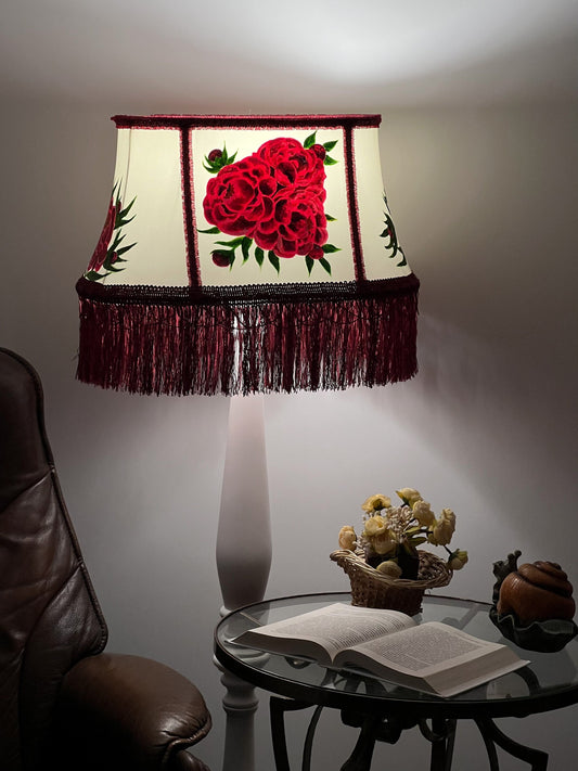 Fabric lampshade with painted peonies fringed lampshade. 5304