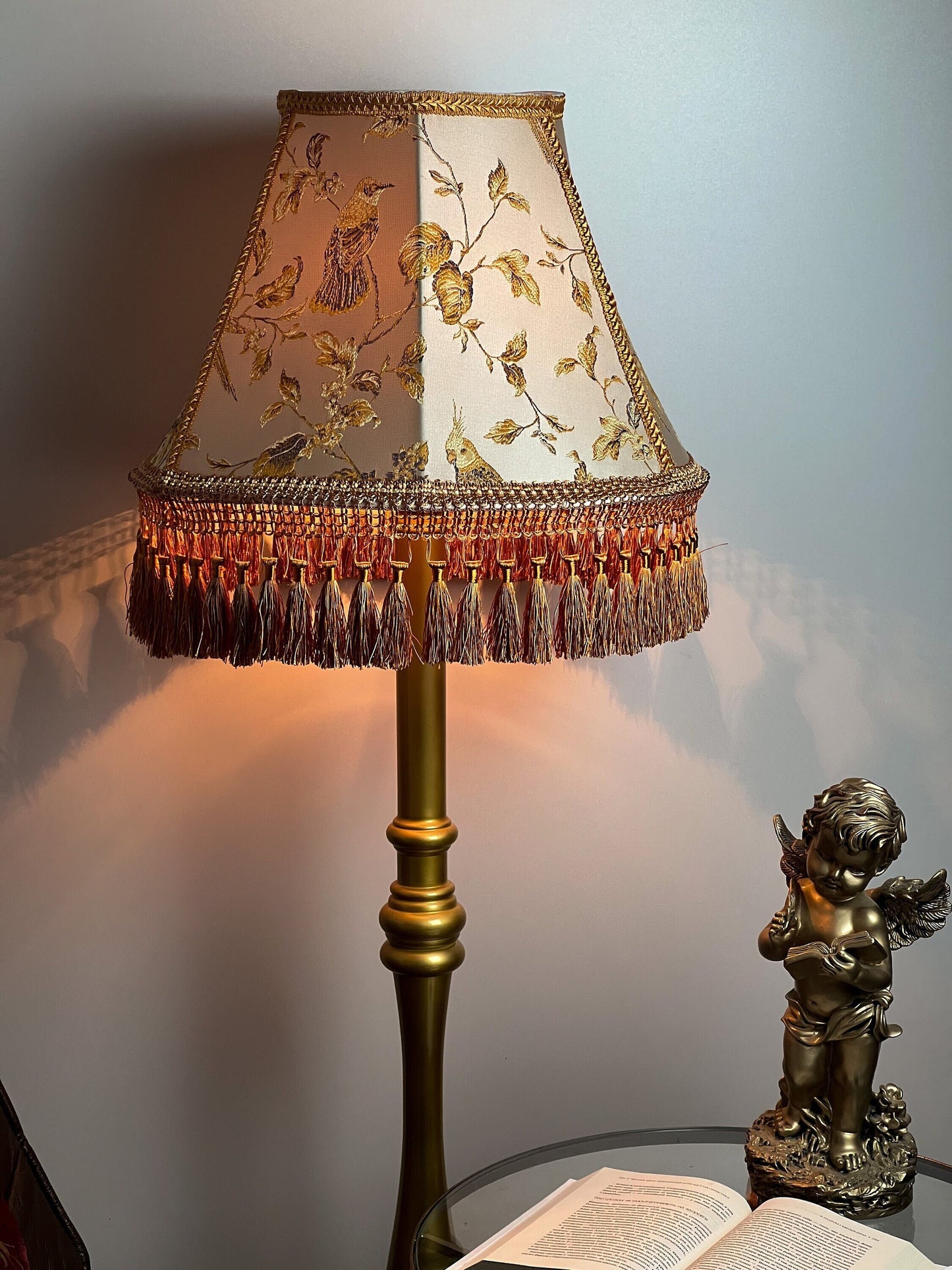 Lampshade. Art Victorian Fabric Lampshade with Birds and Fringe. 7109