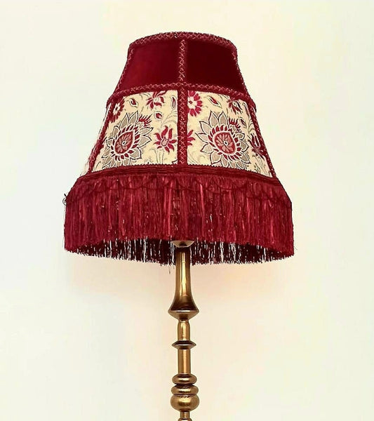 Lampshade red, floral lampshade with fringe. 3104