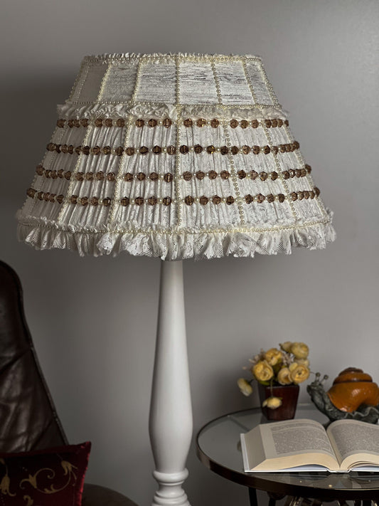 Lampshade. French Milk-Colored Guipure Lampshade with Lace Ribbon.