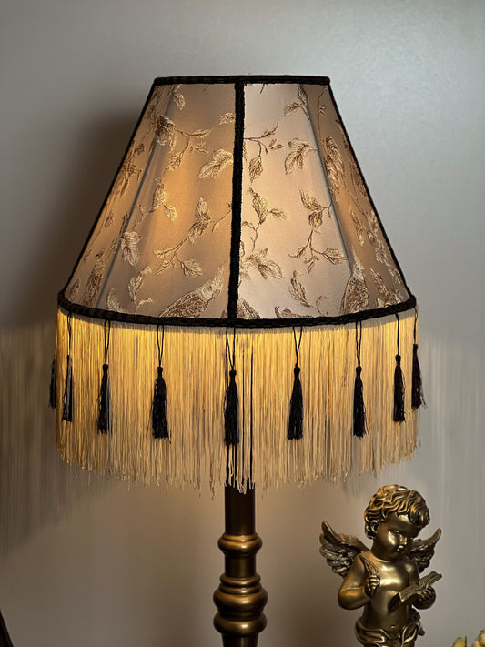 Victorian Lampshade Silvery Mother-of-Pearl Fabric with Long Thick Fringe. 1104