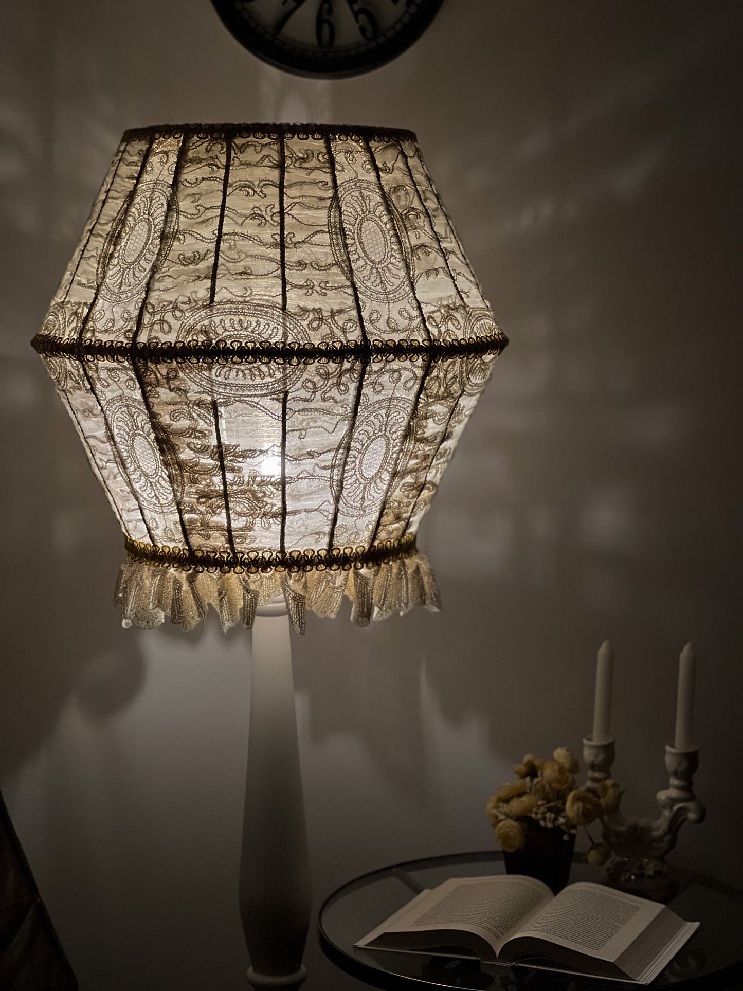 French Fairy Lampshade - Guipure and Tulle with Decorative Gold Ribbon. 0101