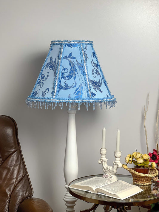 Blue fabric lampshade with beaded fringe. A unique lampshade in Victorian style. 3812