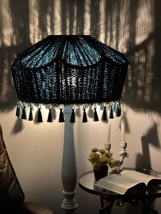 Lampshade. Handmade Blue Tassel Lampshade with Fringe Trim, Large Lamp Shade.