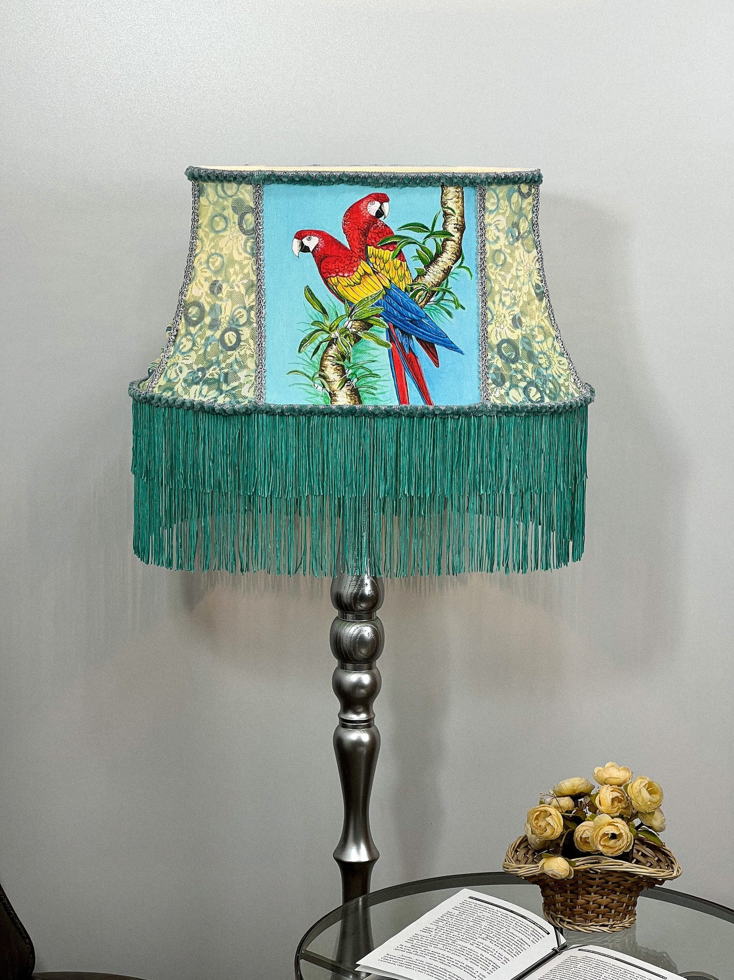 Lampshade, fabric lampshade, unique lampshade with painted birds, handmade. 5311