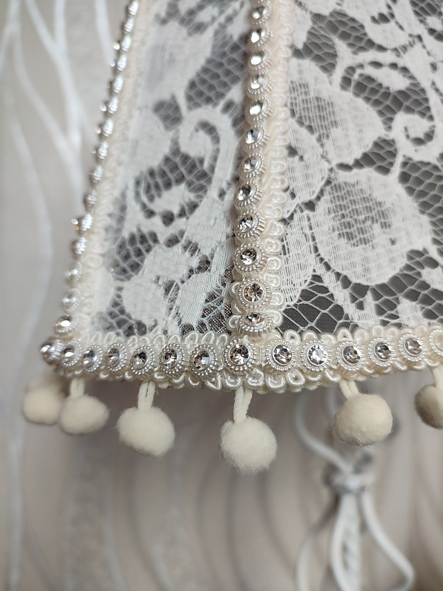 Bedside table lamp. Elegant lamp with a lace cover in a vintage floral style. 6403
