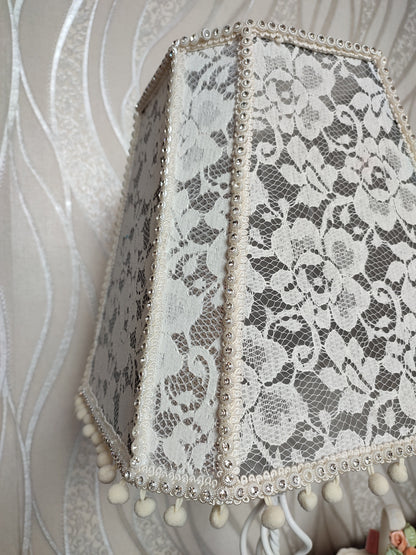 Bedside table lamp. Elegant lamp with a lace cover in a vintage floral style. 6403