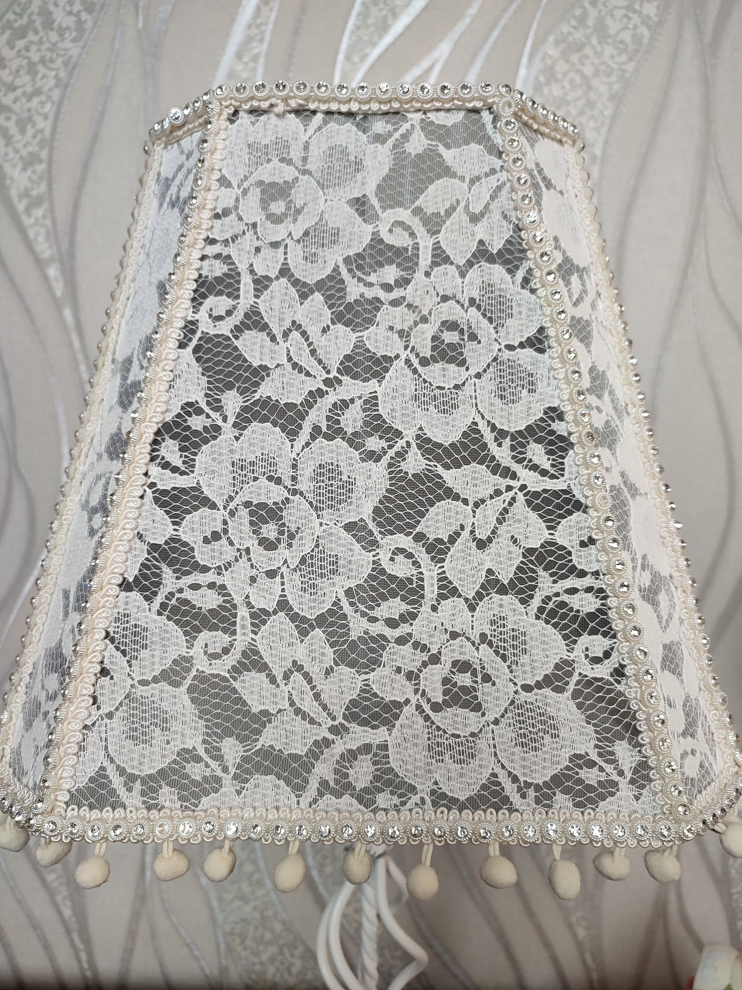 Bedside table lamp. Elegant lamp with a lace cover in a vintage floral style. 6403