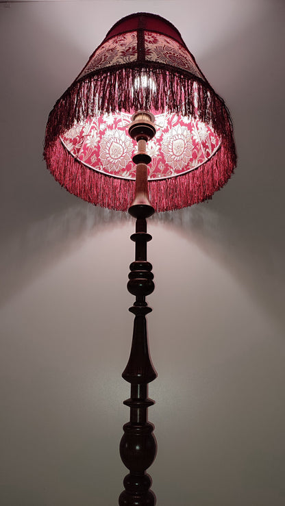 Floor lamp,  Elegant Vintage-Inspired Floor Lamp with Rich Ruby Shade, Delicate Floral Embroidery & Luxurious Fringe Details on a Sculpted Wooden Base. 3104