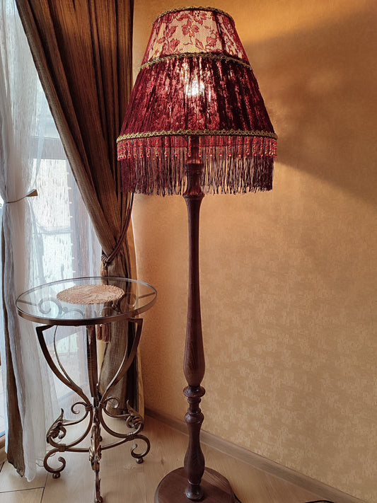 Victorian-Inspired Floor Lamp Lustrous Ruby & Gold Shade with Floral Accents Beaded Tassels,  Carved Wooden Stand Timeless Elegance