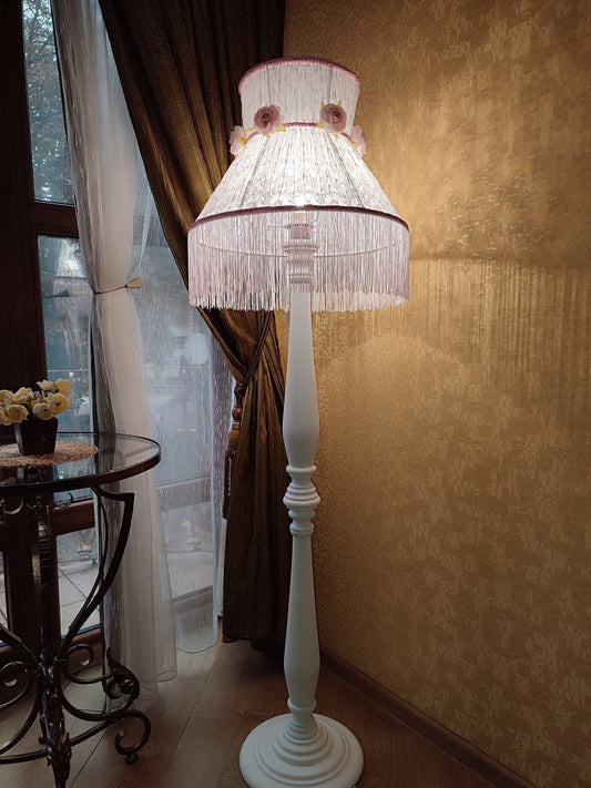Floor lamp. Delicate white base, pink fringe and blooming floral accents.  Victorian Style, flower lamp. 5501