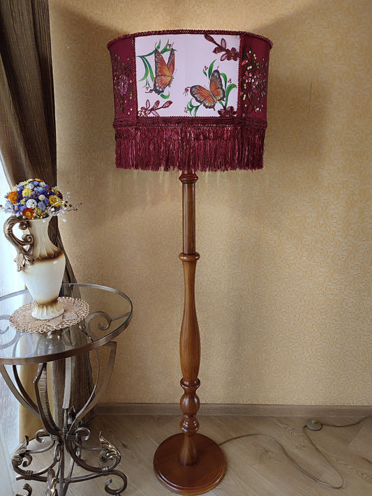 Unique lamp, floor lamp,handmade home lamp, art deco lamp, burgundy lampshade, Vintage Decor, Rustic Lamp.