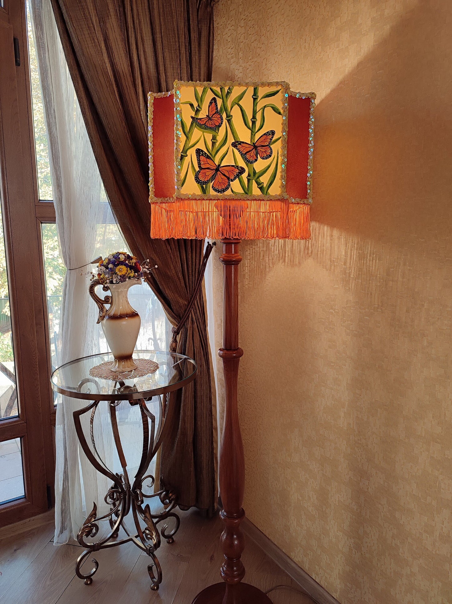 Orange floor lamp with butterflies, hand-painted shade. Art Deco lamp, a fairy-tale lamp. 280701