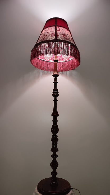 Floor lamp,  Elegant Vintage-Inspired Floor Lamp with Rich Ruby Shade, Delicate Floral Embroidery & Luxurious Fringe Details on a Sculpted Wooden Base. 3104