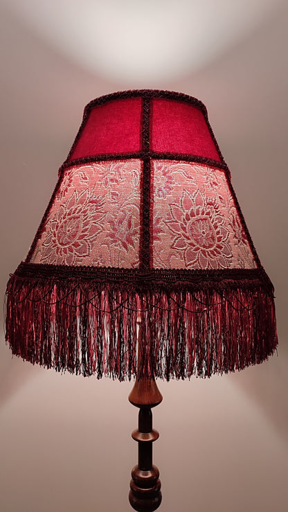 Floor lamp,  Elegant Vintage-Inspired Floor Lamp with Rich Ruby Shade, Delicate Floral Embroidery & Luxurious Fringe Details on a Sculpted Wooden Base. 3104